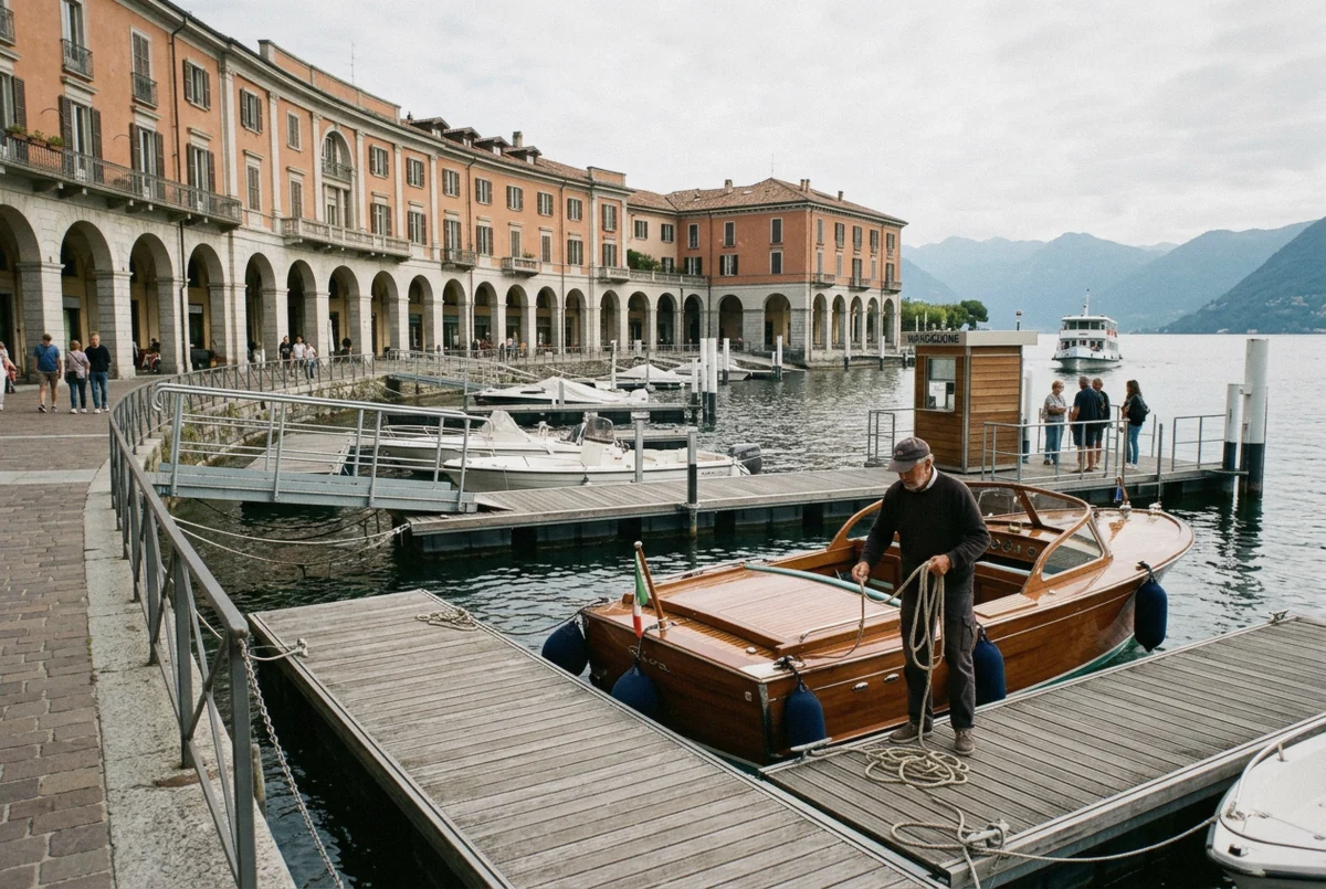 Wooden launch tied up at the private boat jetties on Piazza Cavour before a Lake Como boat tour from Como, Italy