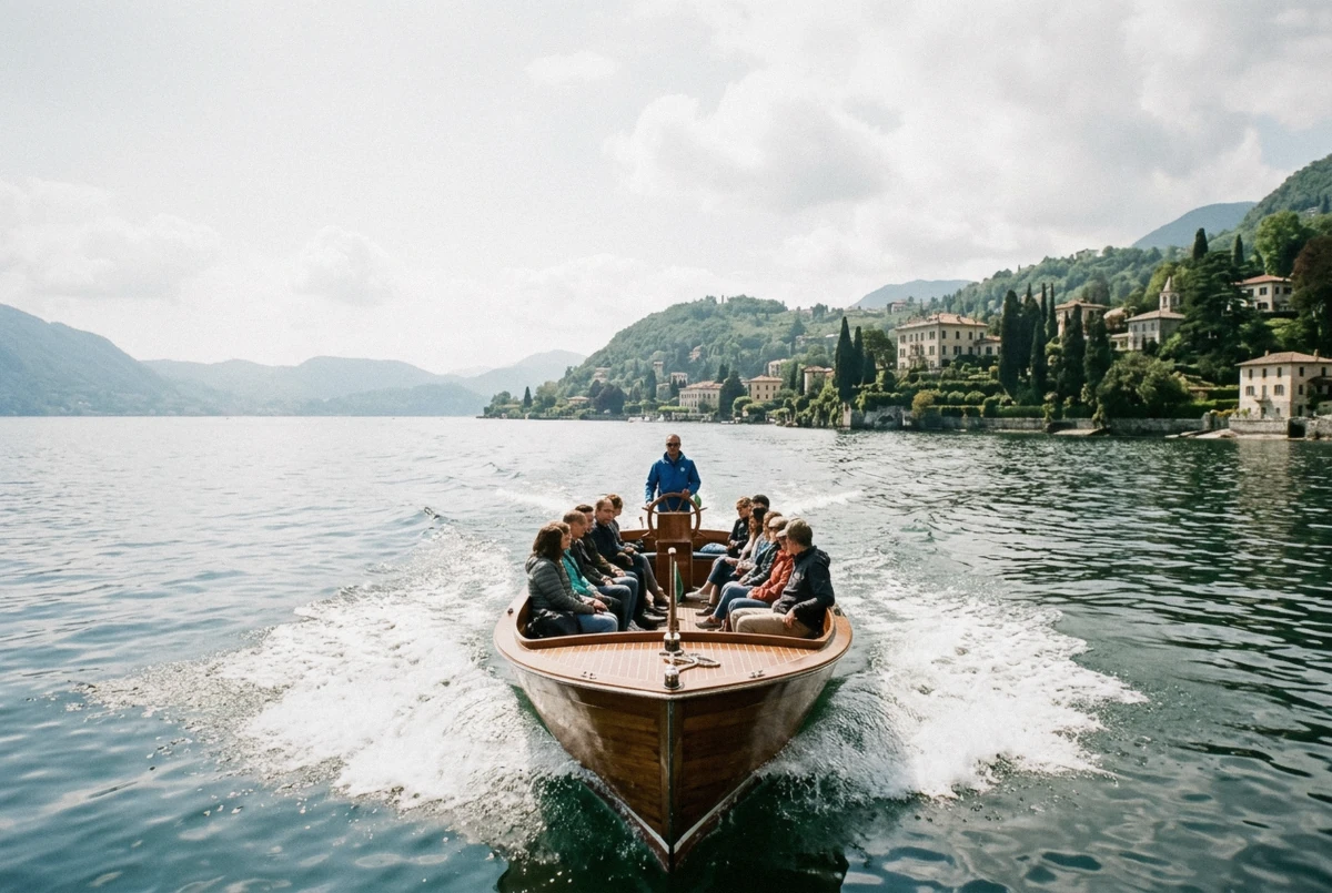 Shared small-group tour boat crossing the first basin on a Lake Como boat tour from Como, Italy