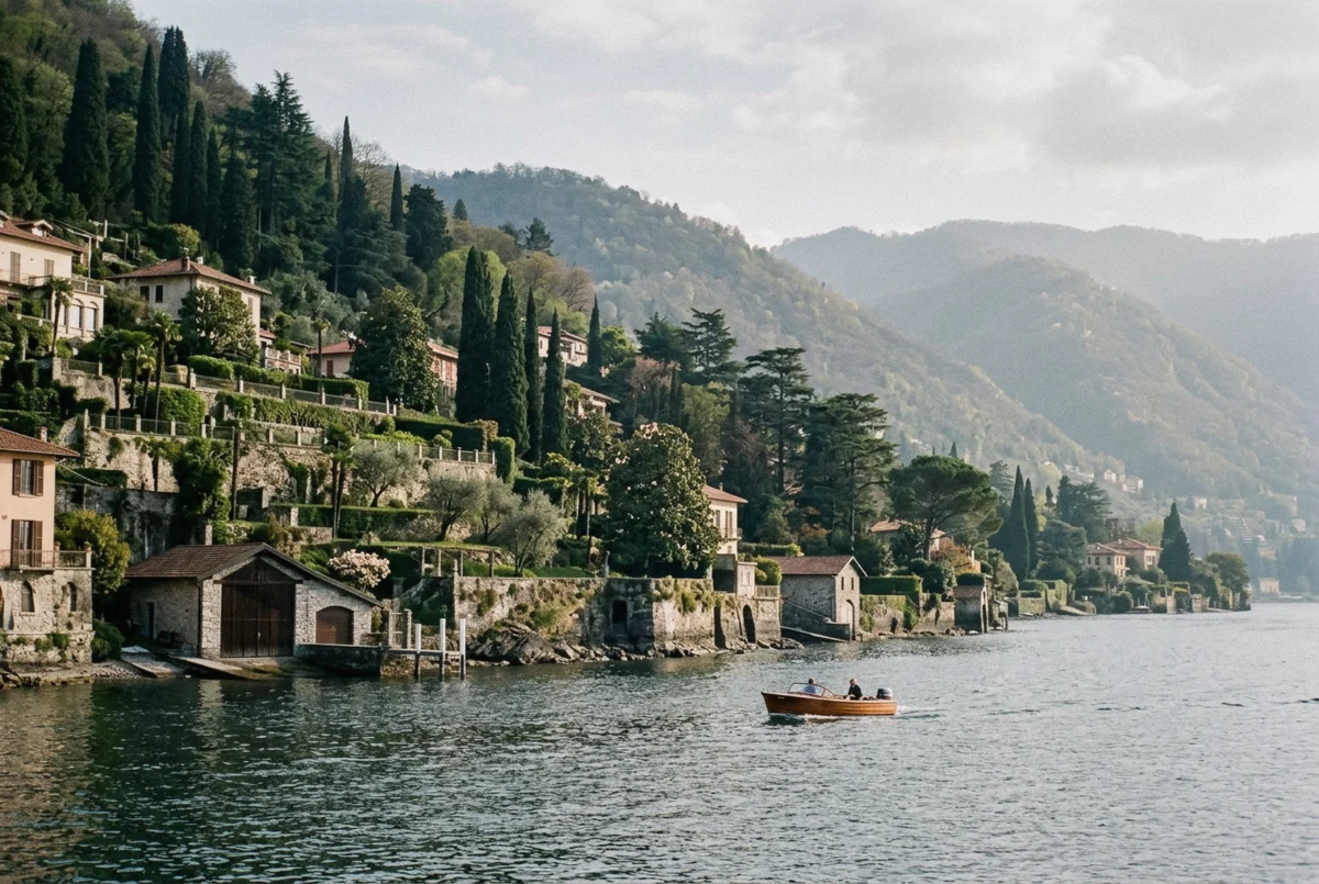 Villa gardens and boathouses on the shore between Como and Cernobbio seen from a Lake Como boat tour, Italy