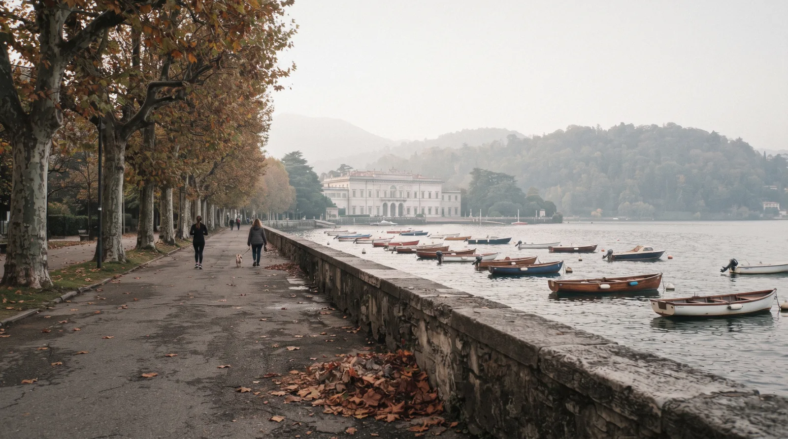Trees of the Passeggiata Lino Gelpi in front of lakeside villas in Borgo Vico, Como, Italy