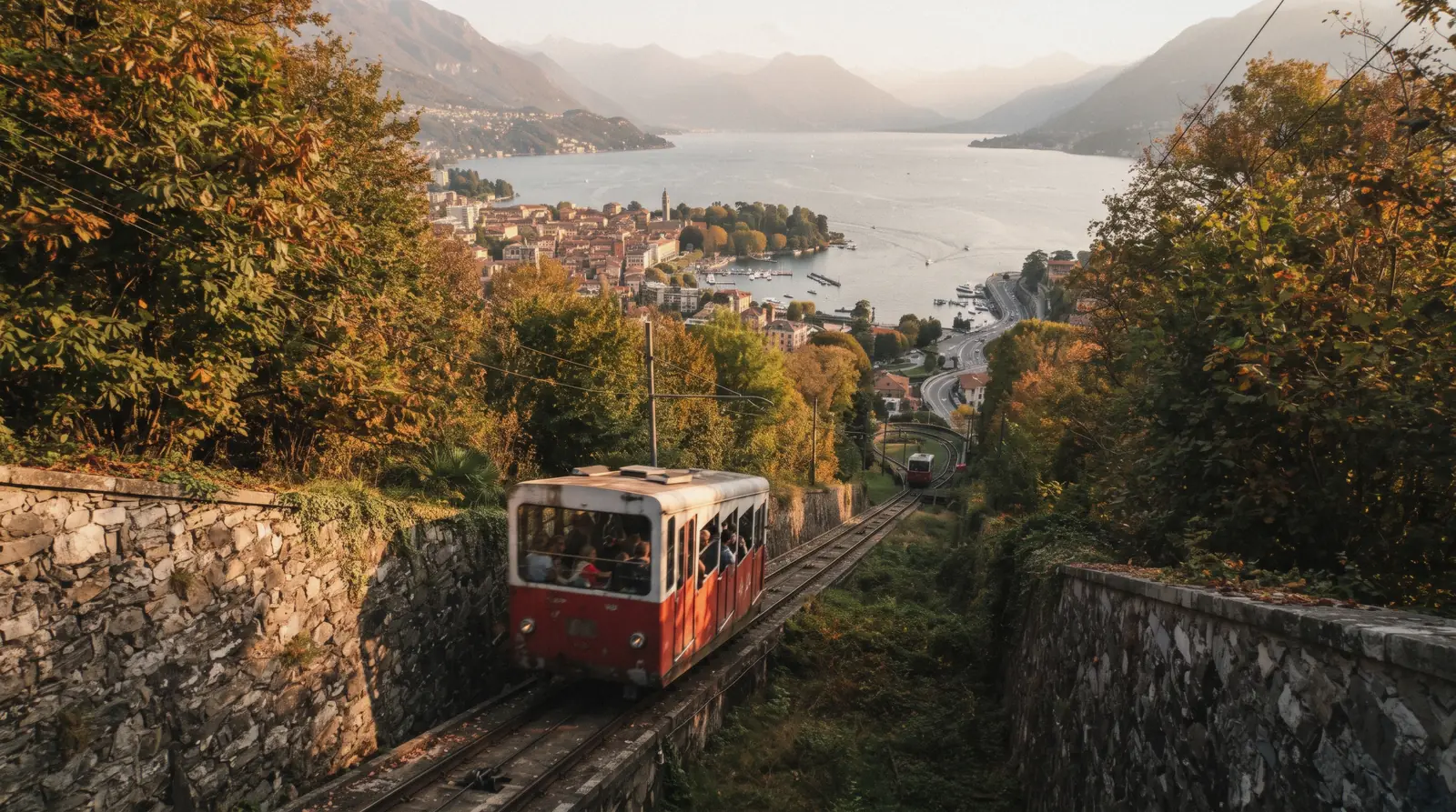 A funicular car climbing the steep track above the rooftops of Como with the lake below, on the Como Brunate funicular in Como, Italy