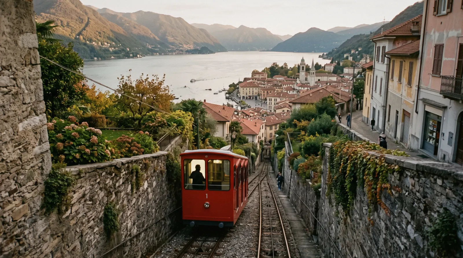 The village of Brunate above the lake seen from Como, Italy