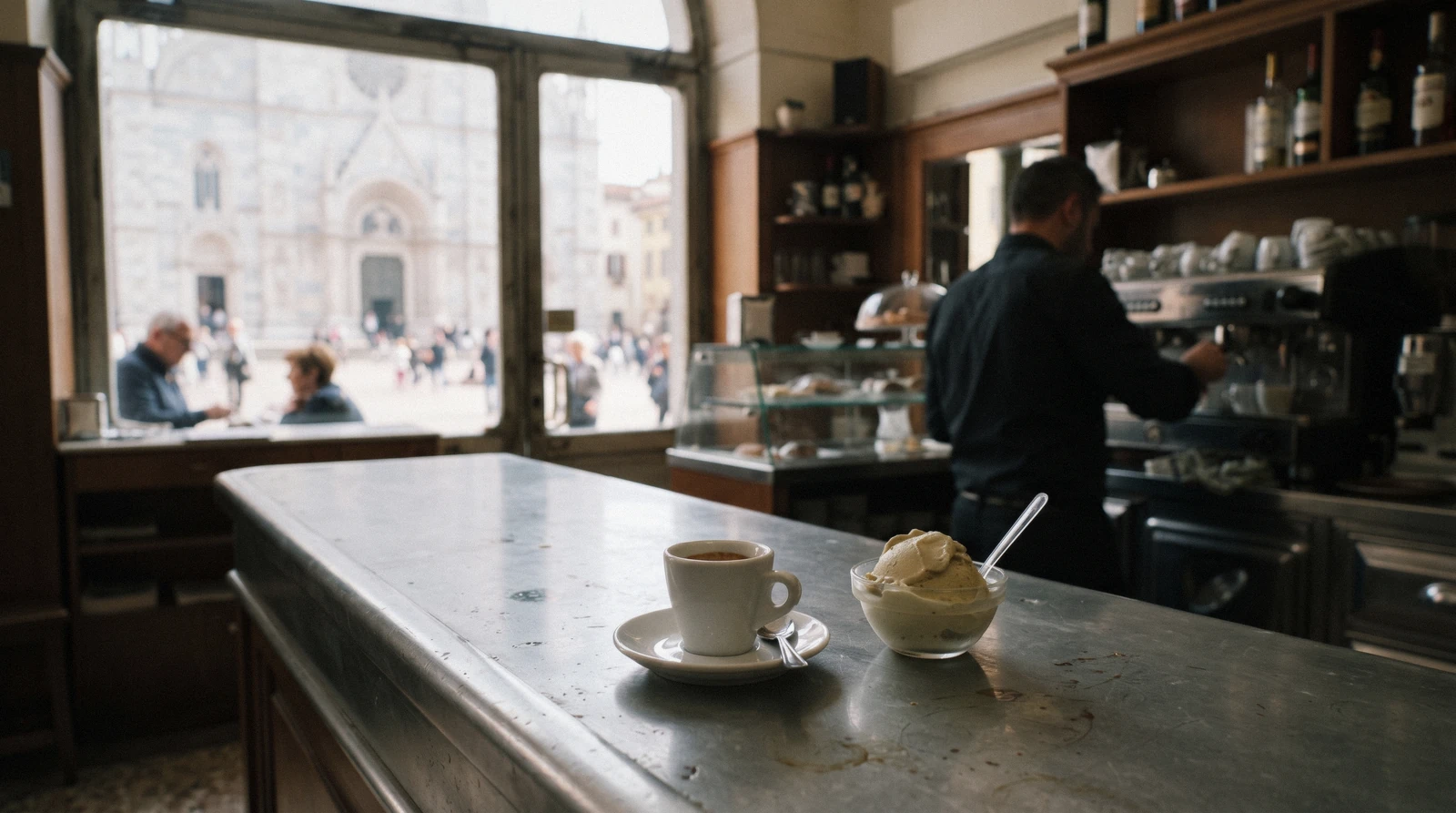 An espresso and a cup of pistachio gelato on a bar counter under the arcades by Piazza Duomo, a typical stop among Como cafes