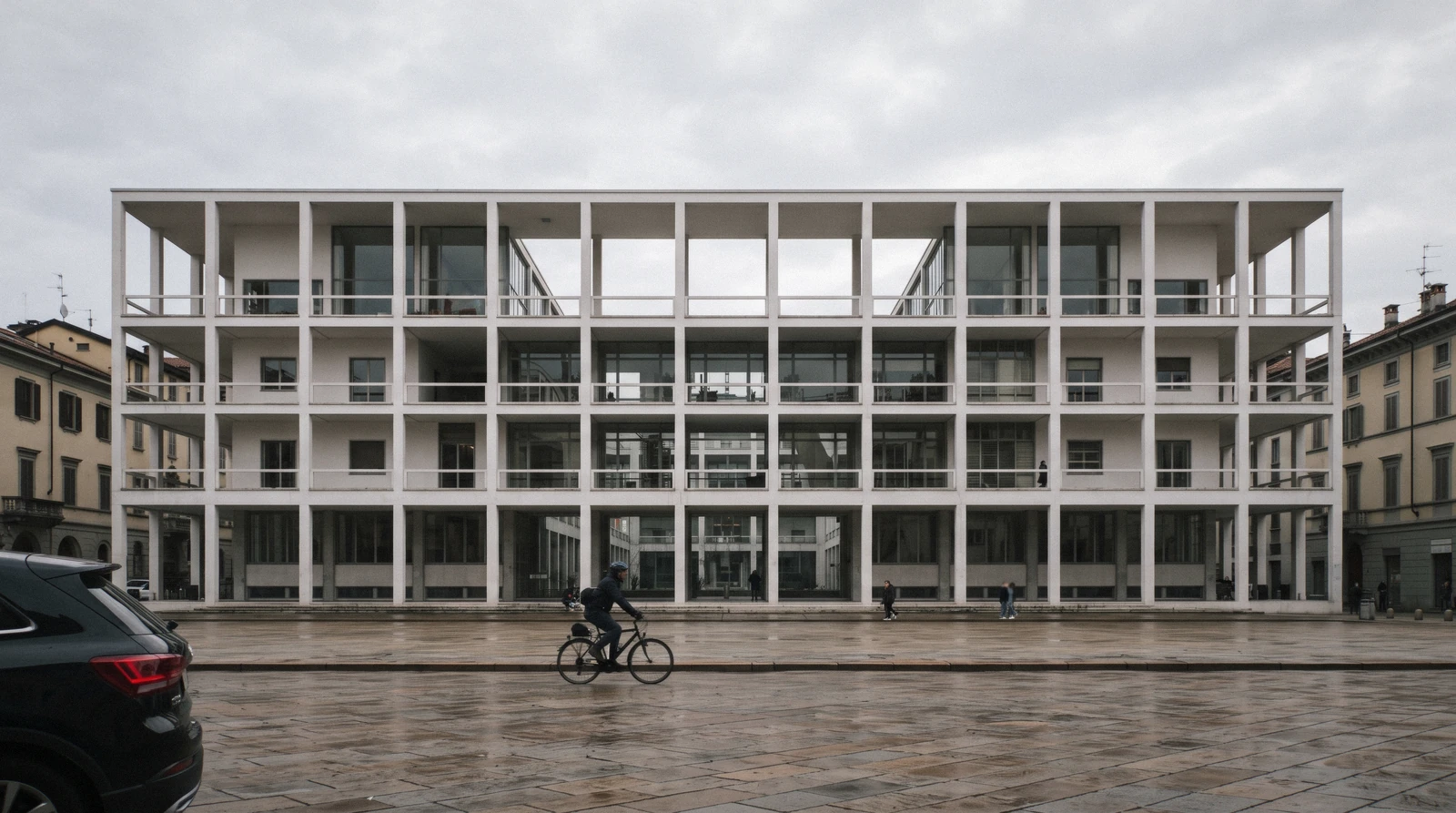 The rationalist facade of the Casa del Fascio by Giuseppe Terragni facing Piazza del Popolo in Como, Italy