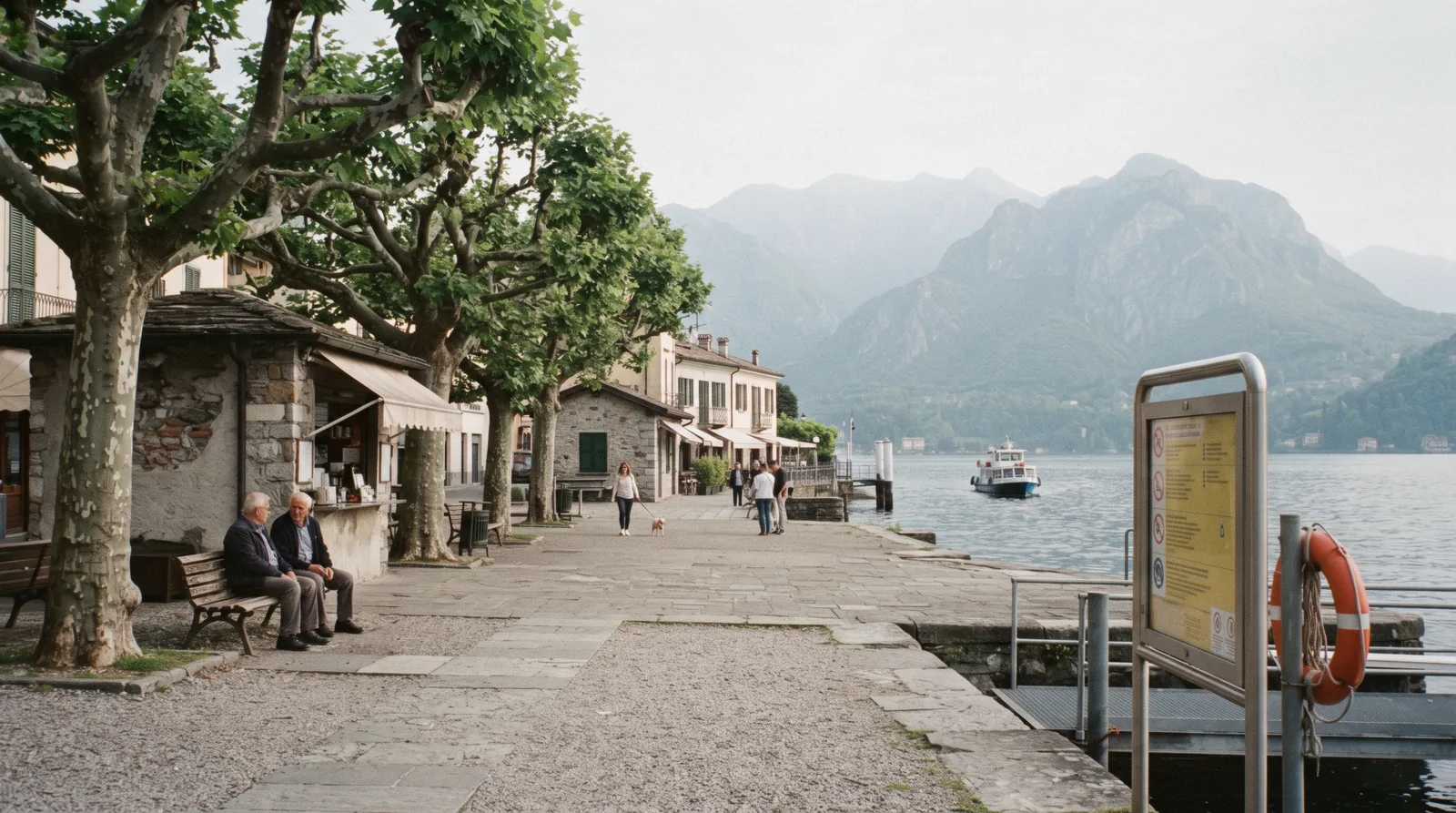 The lakefront of Cernobbio seen from the water near Como, Italy