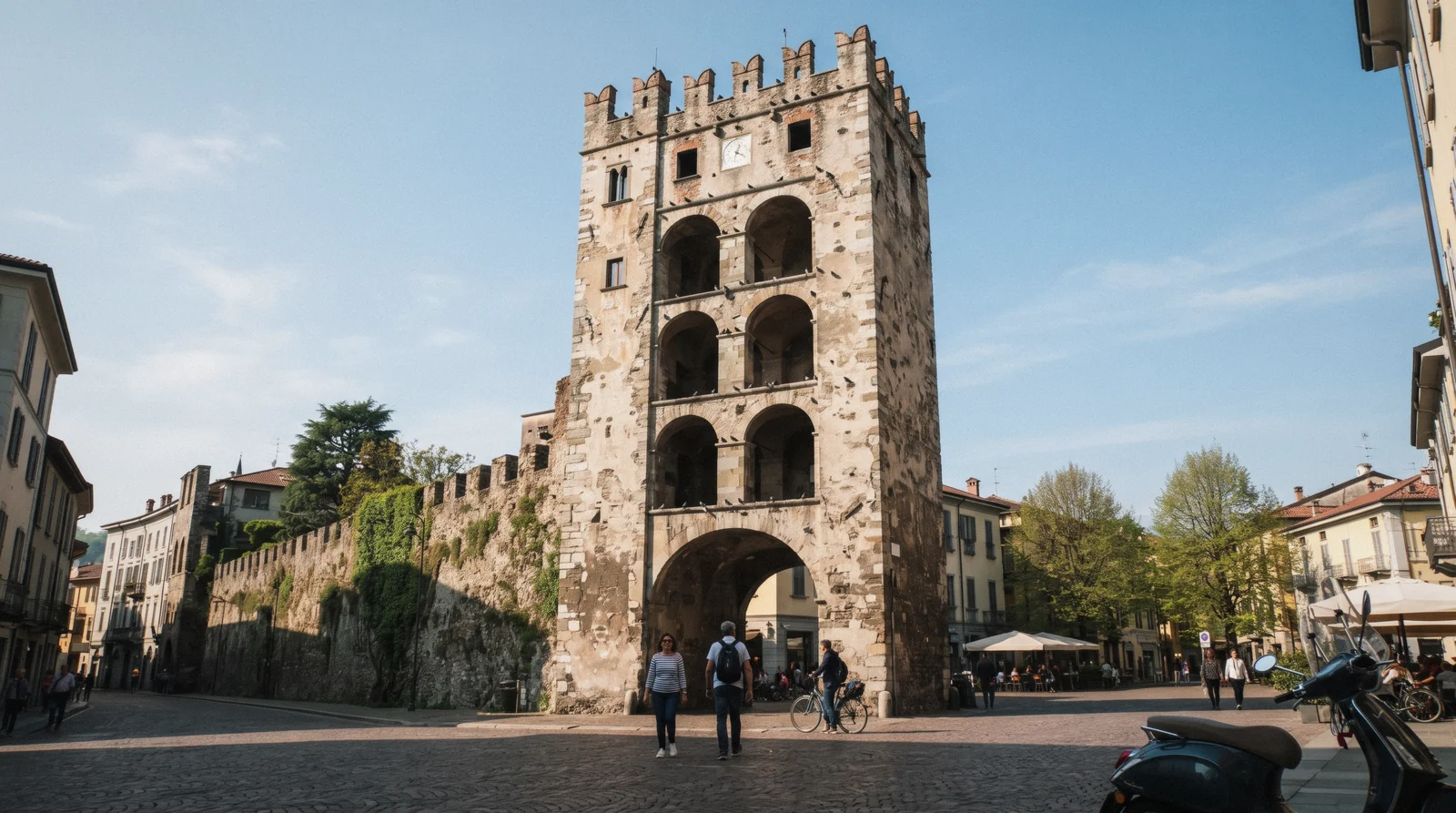 The massive outer facade of Porta Torre Como rising over Piazza Vittoria at the south edge of the medieval walls, Como, Italy