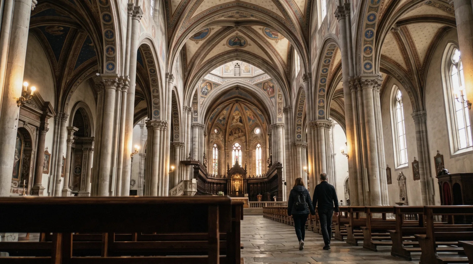 The painted Gothic vaults and the nave leading to the transept inside Como Cathedral, the area opened by Como Cathedral tickets in Como, Italy