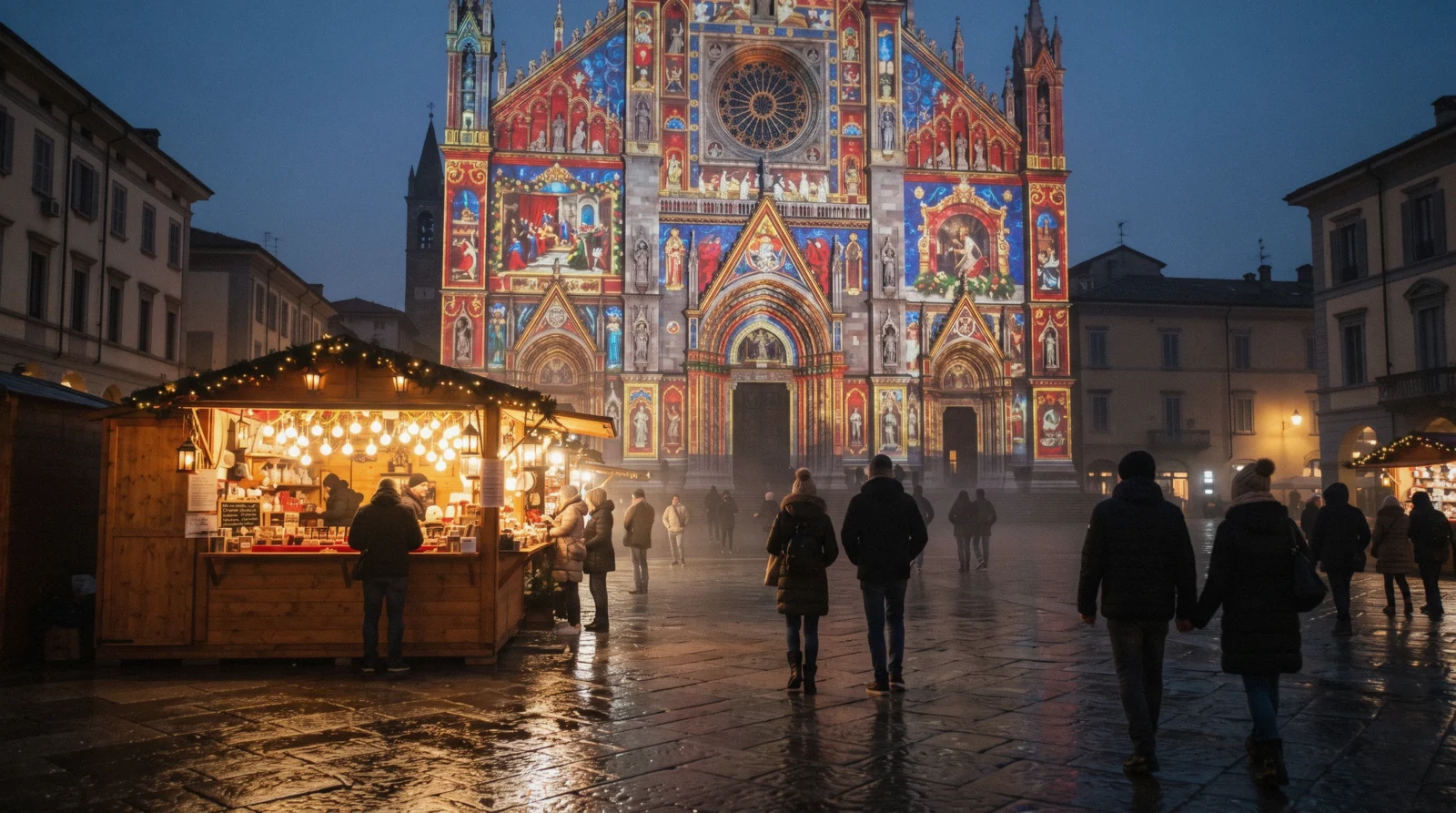 Colored light projections on the facade of Como Cathedral on a December evening with a market stall in the corner, the setting of the Como Christmas market
