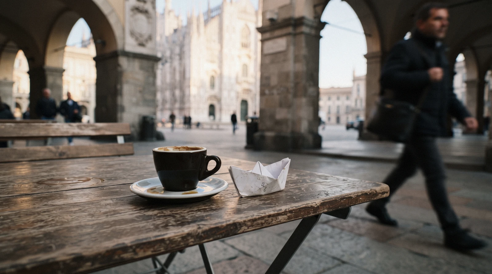 An espresso and a folded boat ticket on a café table by Piazza Duomo, the everyday items behind Como costs