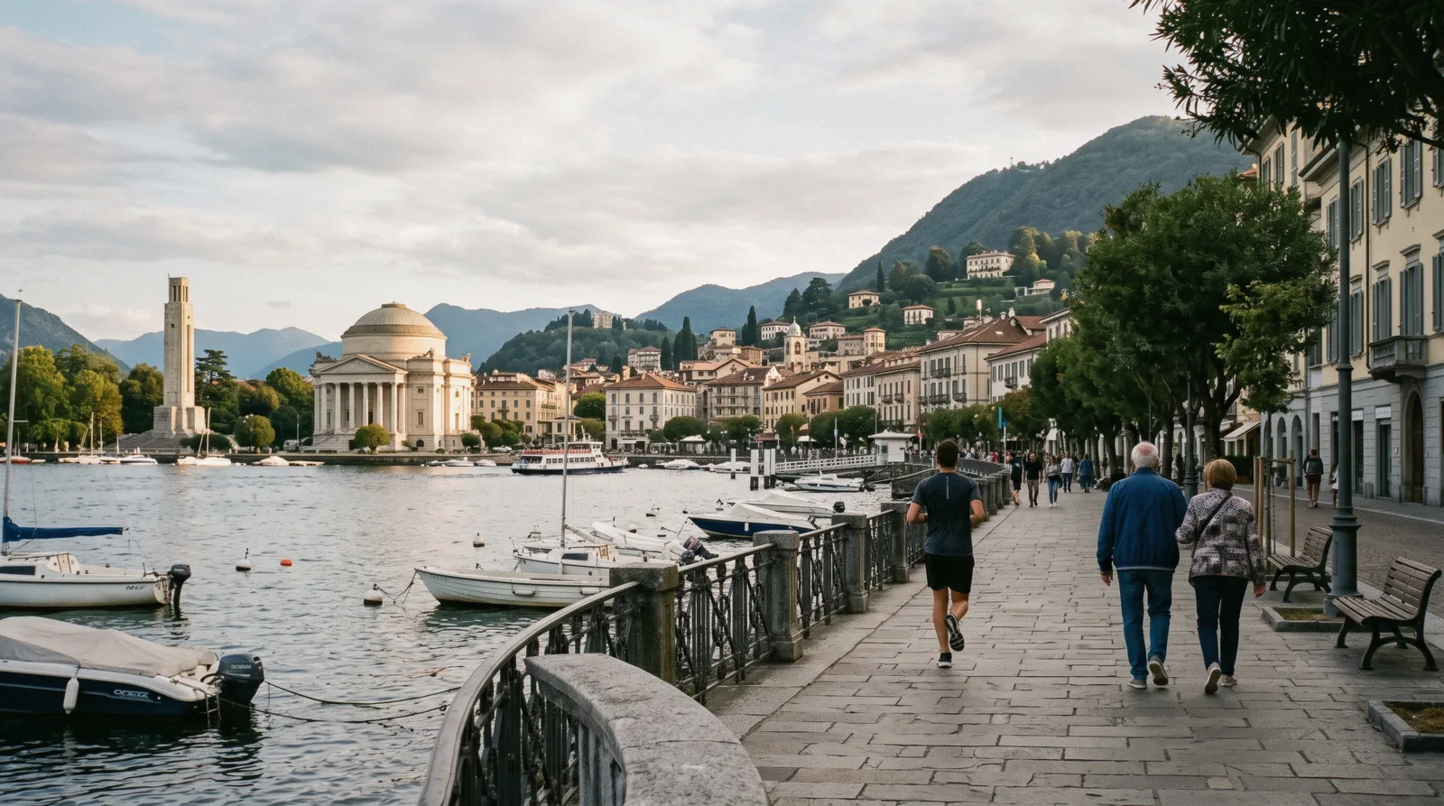 The lakefront promenade and Tempio Voltiano in Como, Italy