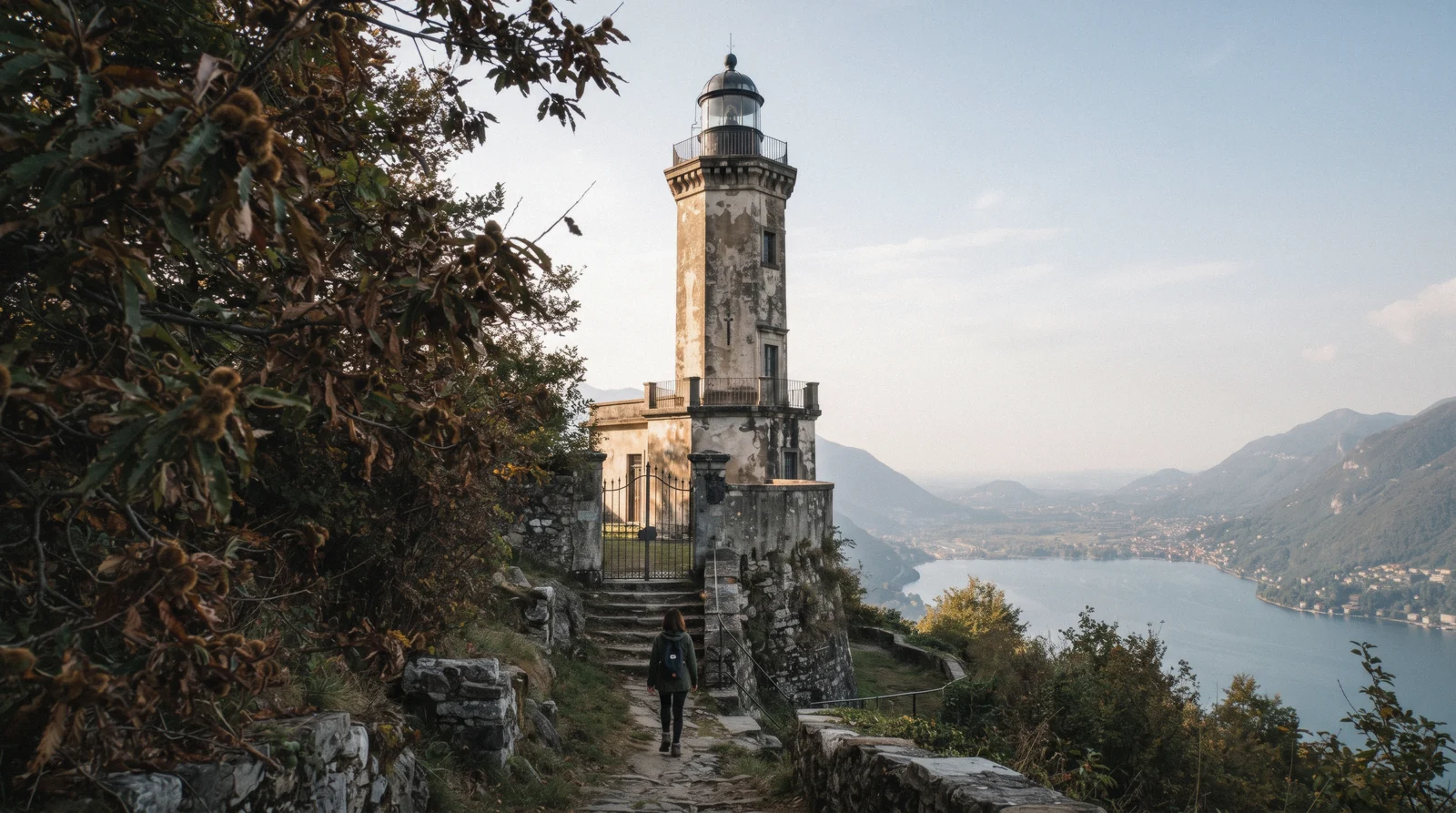 The octagonal Faro Voltiano lighthouse tower at San Maurizio above Brunate, with Lake Como and the city of Como below