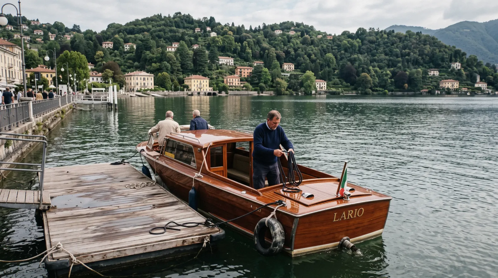A varnished wooden boat crossing the first basin below the shoreline villas on a Lake Como boat tour from Como, Italy
