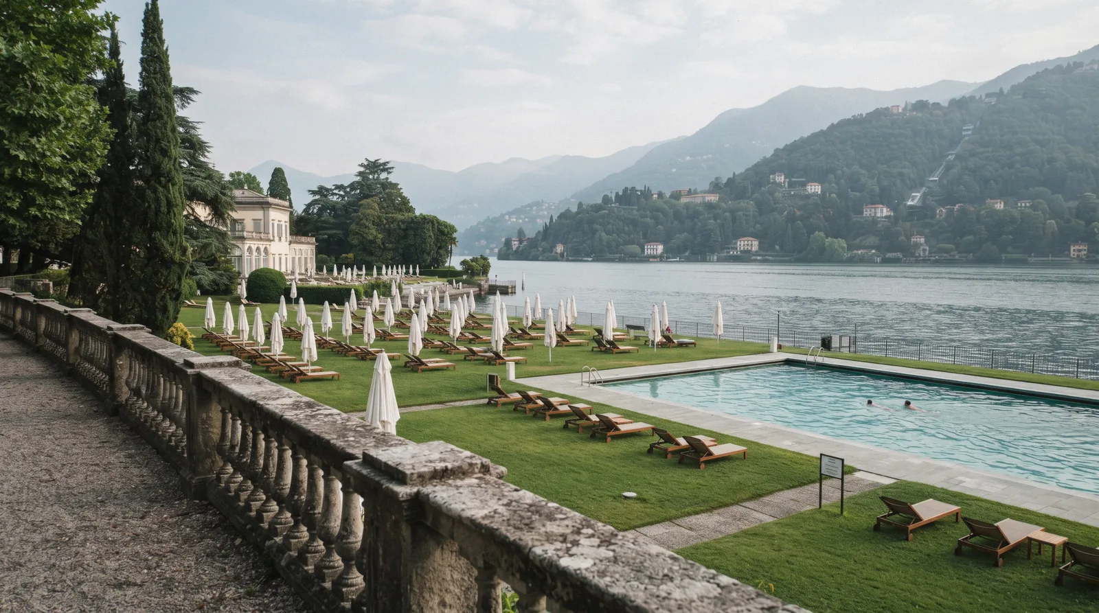 The Lido di Villa Olmo on the lakeshore beside Villa Olmo park in Como, Italy