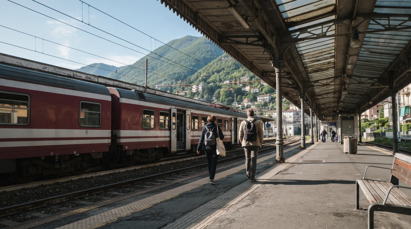 A regional train at a platform of Como San Giovanni station, where the Como to Lugano trains leave