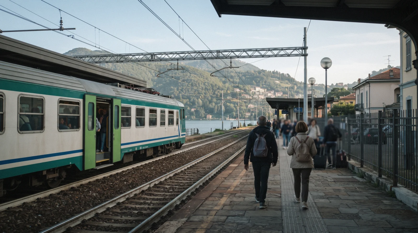 A regional train at the Como Lago platform with the lake behind, the arrival point of the Milan to Como train from Cadorna