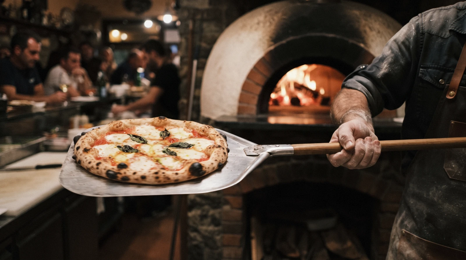 A Margherita with a blistered crust coming out of a wood-fired oven on a peel, the kind of pizza Como pizzerias bake