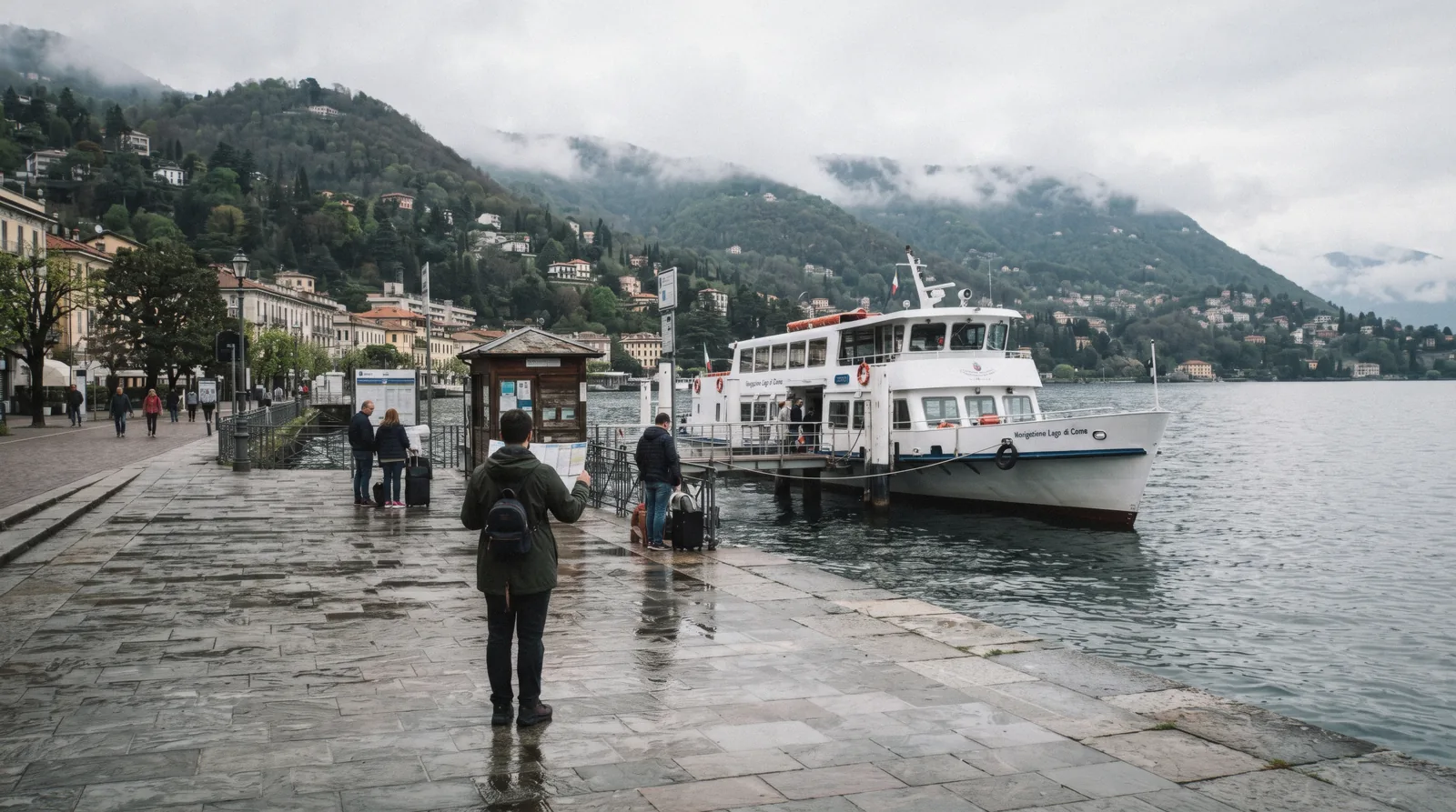 A traveller reading the timetable board at the Como ferry pier on Piazza Cavour while planning the day with como travel tips