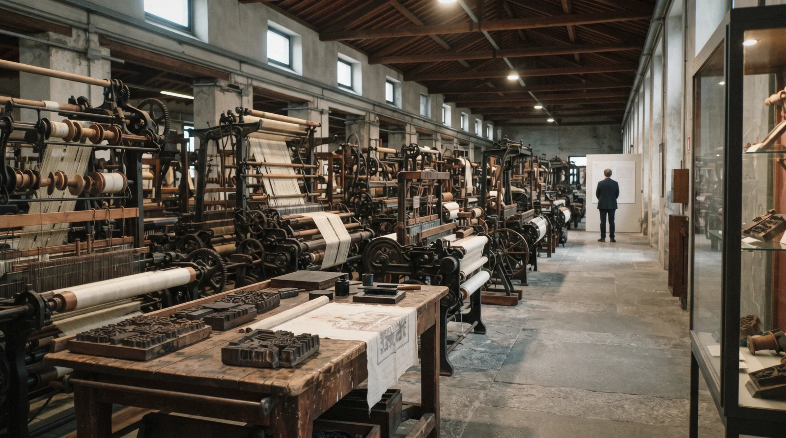 Historic silk reeling machines on the factory floor of the Museo della Seta Como, the Como silk museum