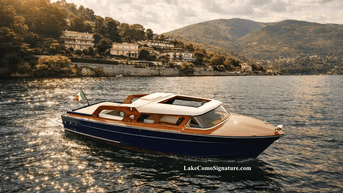 A small classic wooden boat gliding under the hills above Lake Como on a Como boat tour in Como, Italy