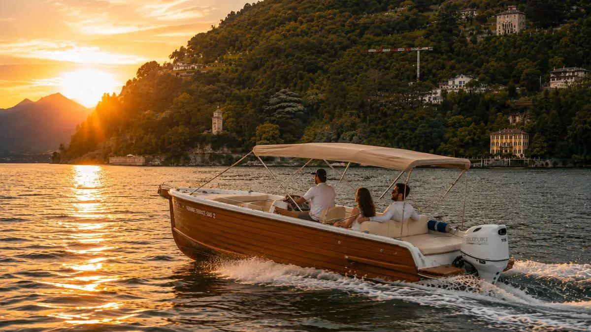 A private wooden boat with prosecco glasses set on deck on a Lake Como boat tour in Como, Italy