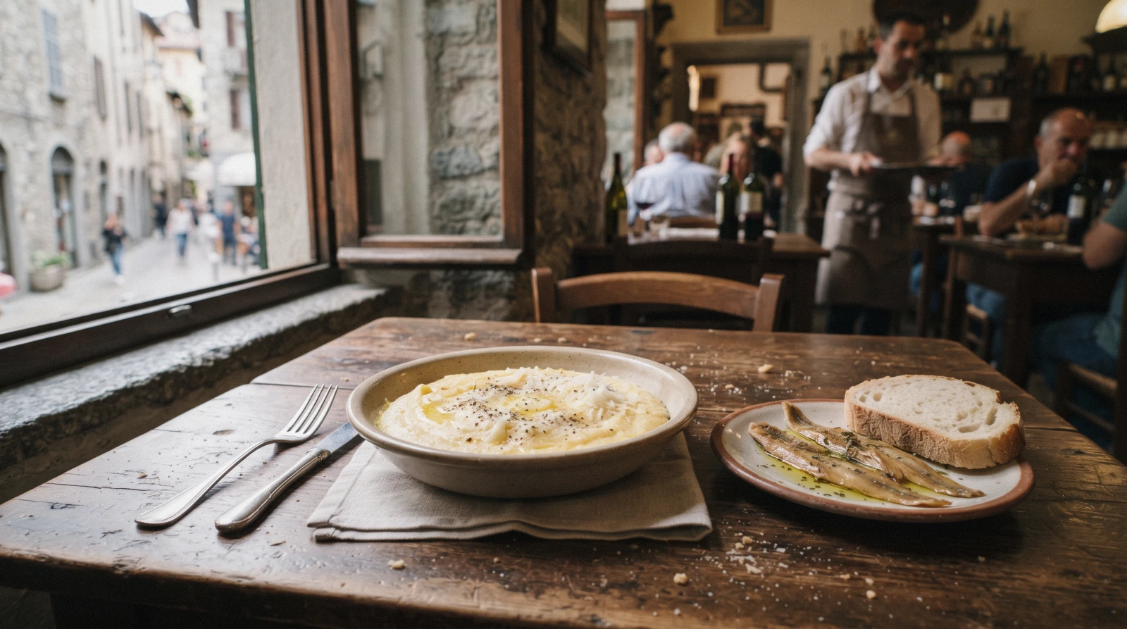Soft polenta with butter and cheese beside dried lake shad on a trattoria table in the old town, a plate of what to eat in Como