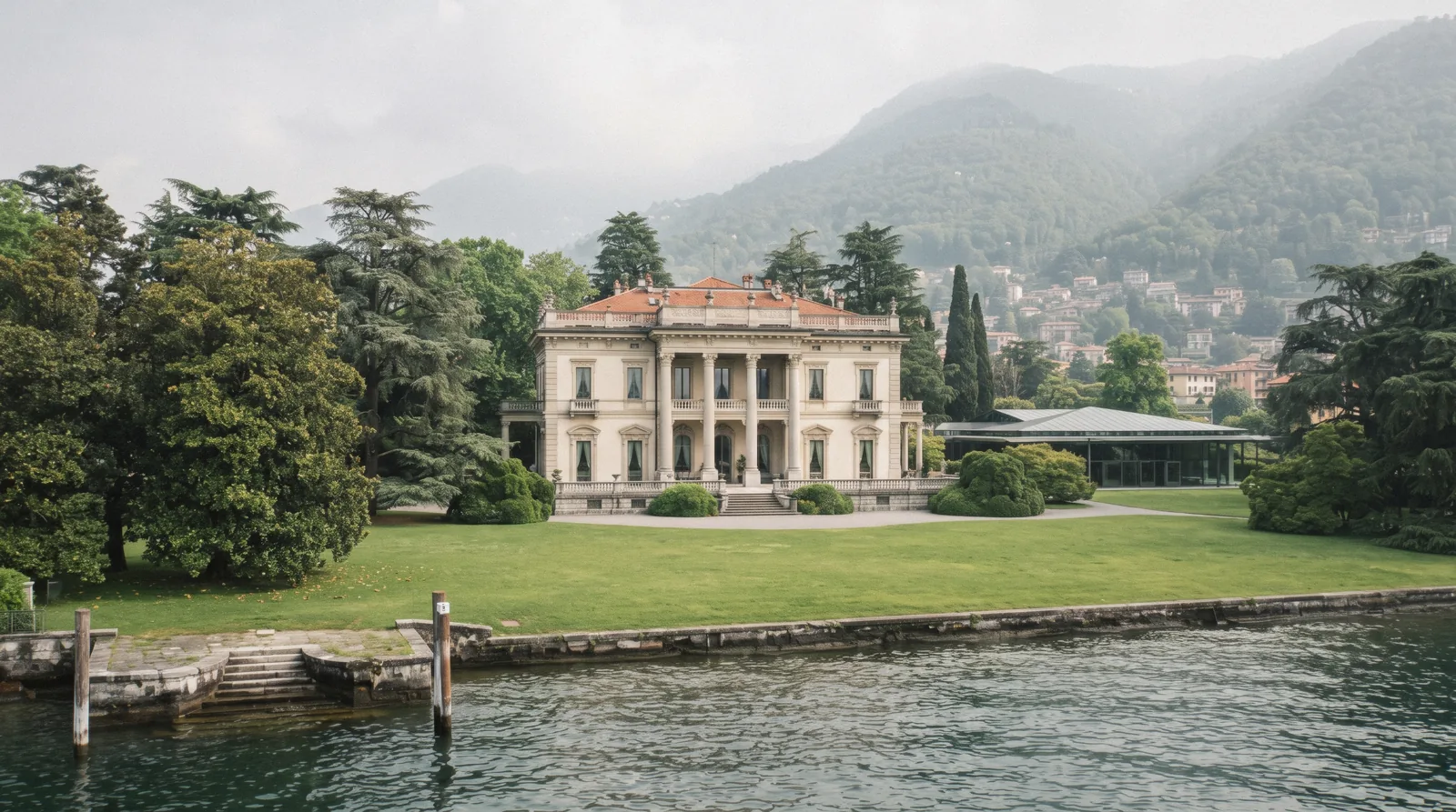 Villa Erba in Cernobbio seen across the water of Lake Como, with its park in front and the glass exhibition halls behind