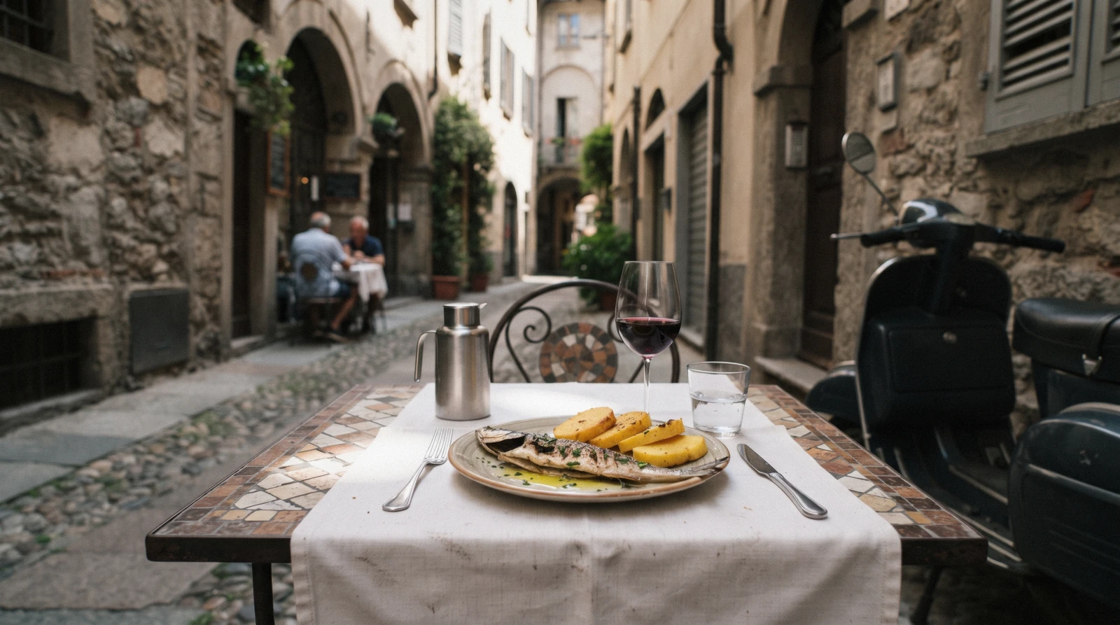 Grilled dried lake shad with toasted polenta on an outdoor table in a Como old town lane, the kind of dish Como restaurants serve